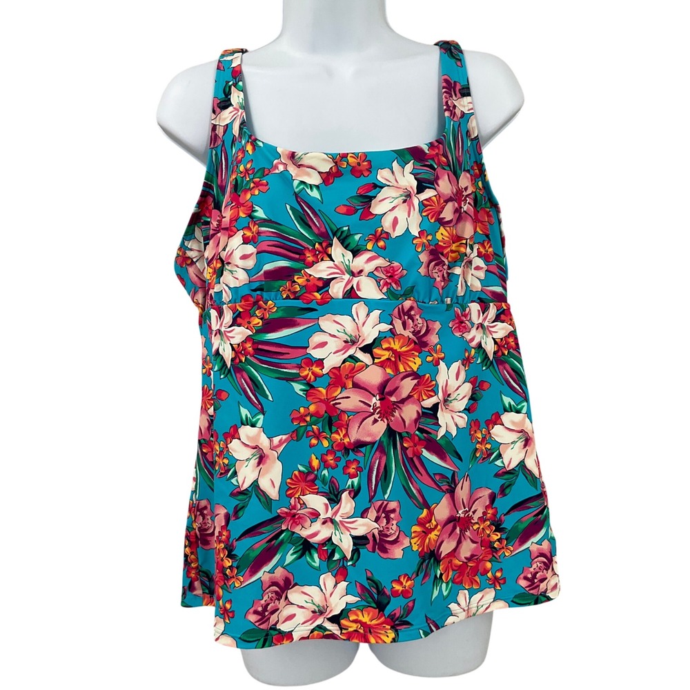Lands End Tankini Swim Top‎ Womens 18 Blue Floral Tropical Adjustable Strap
